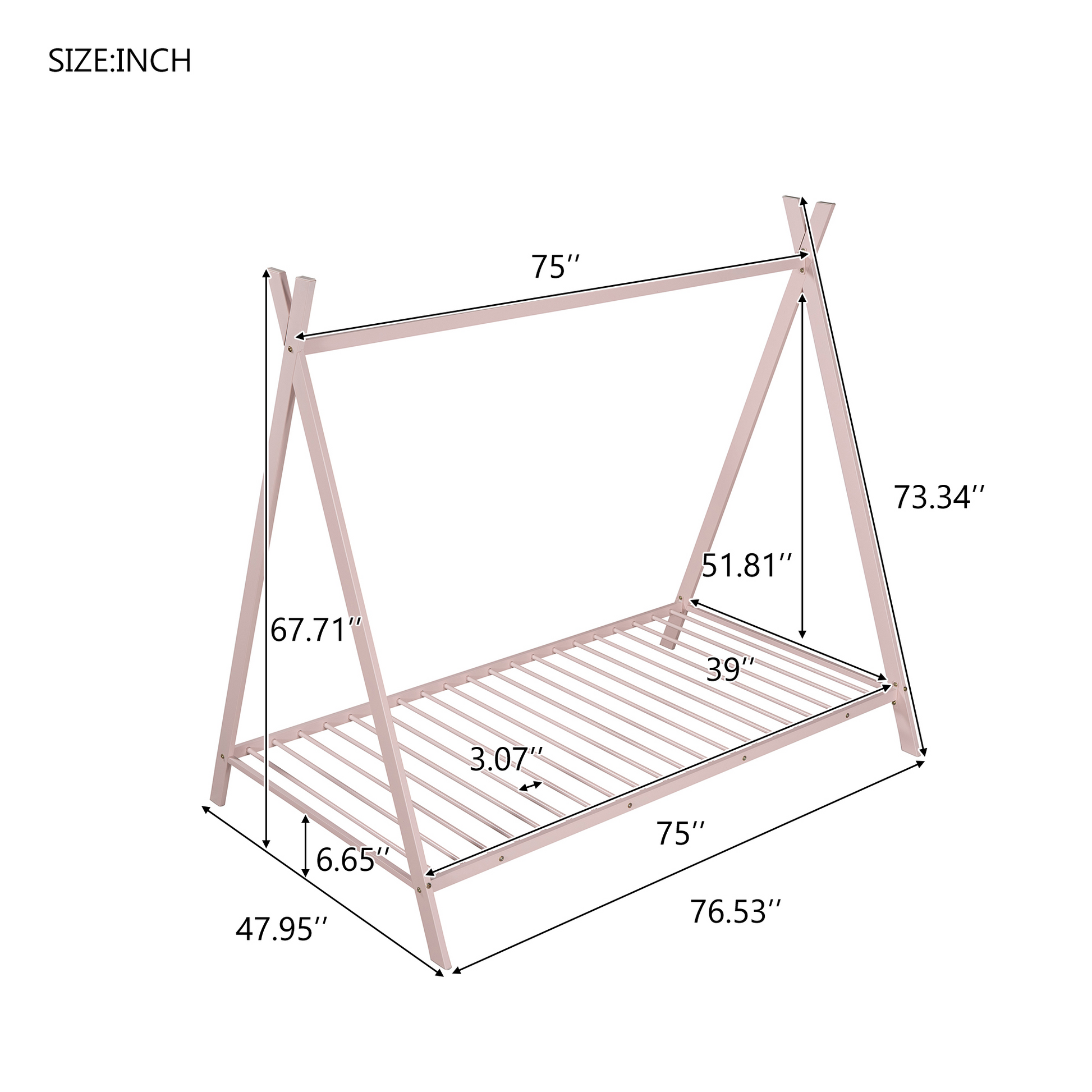 Pink teepee twin bed frame with detailed dimensions shown