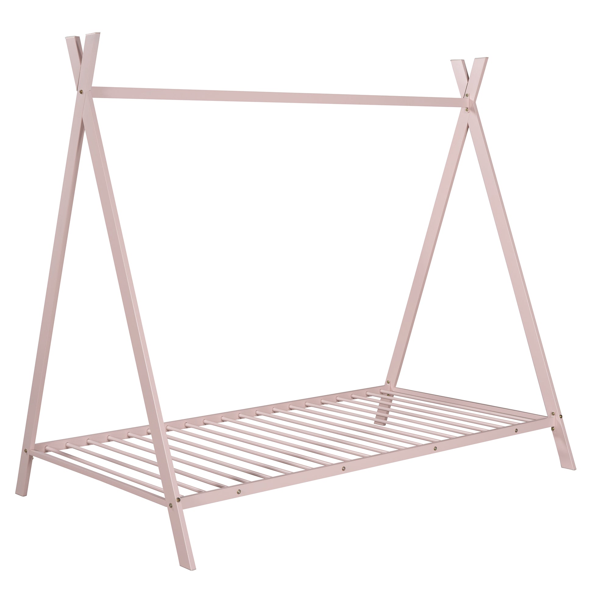 Pink metal teepee bed frame with slatted base