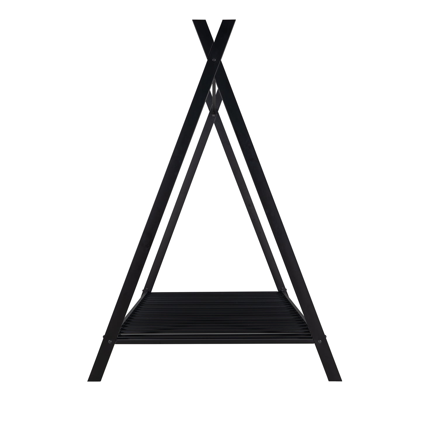 Black metal Aframe shelf unit with slatted base