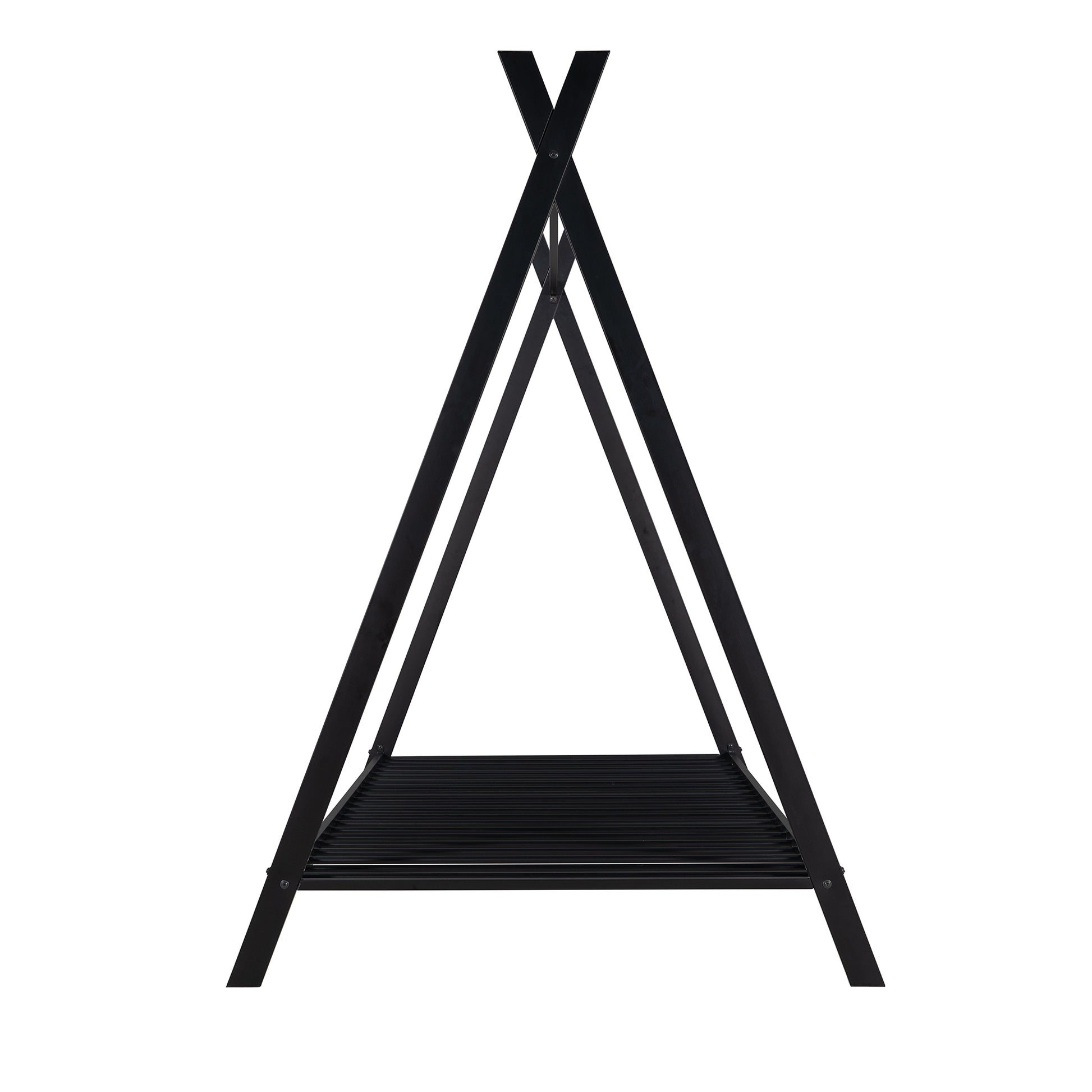 Black metal Aframe shelf unit with slatted base