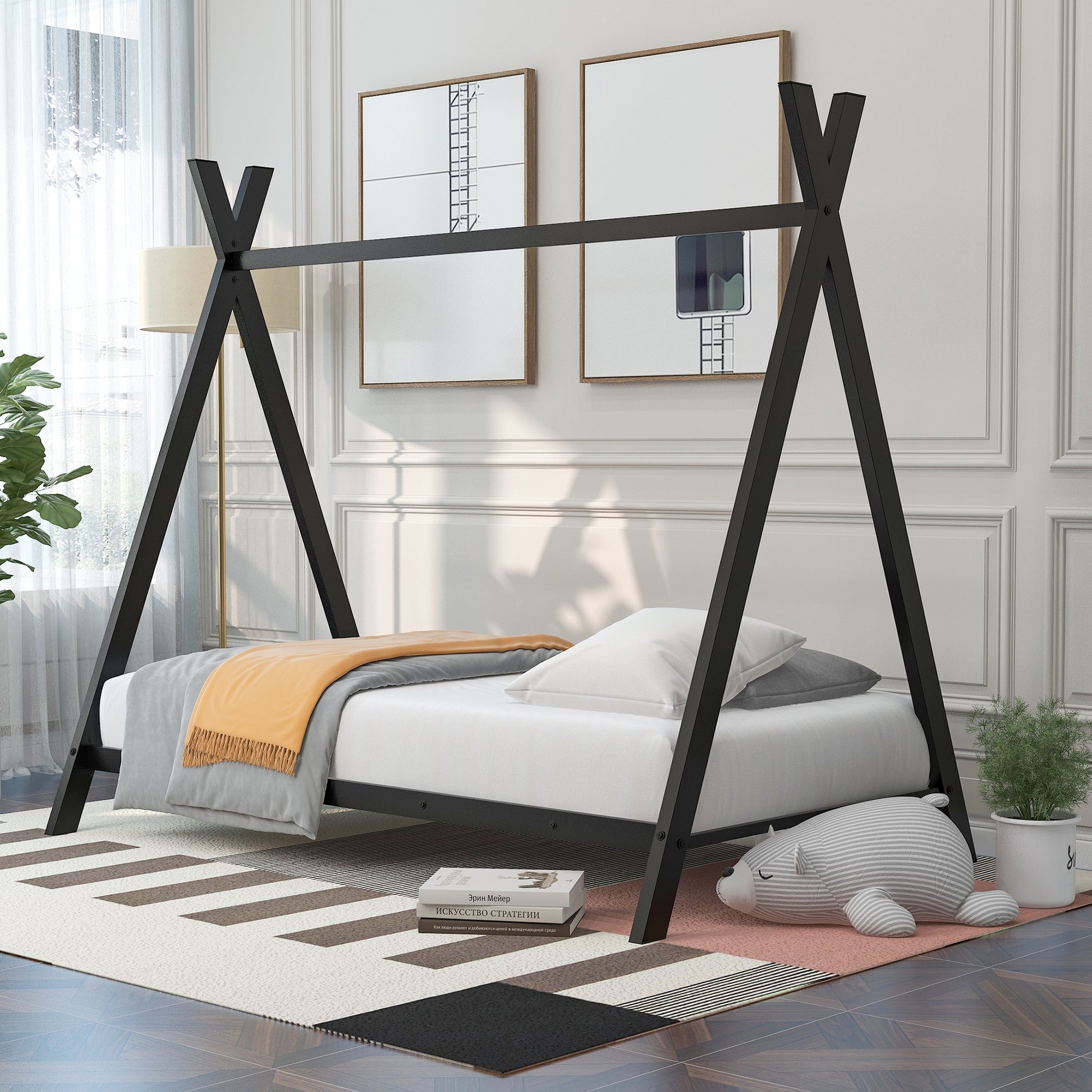 Black wooden teepee twin bed frame with white mattress and grey bedding