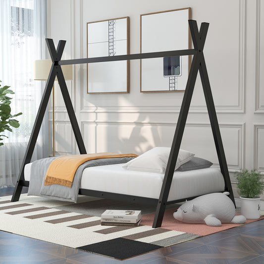 Black wooden teepee twin bed frame with white mattress and grey bedding