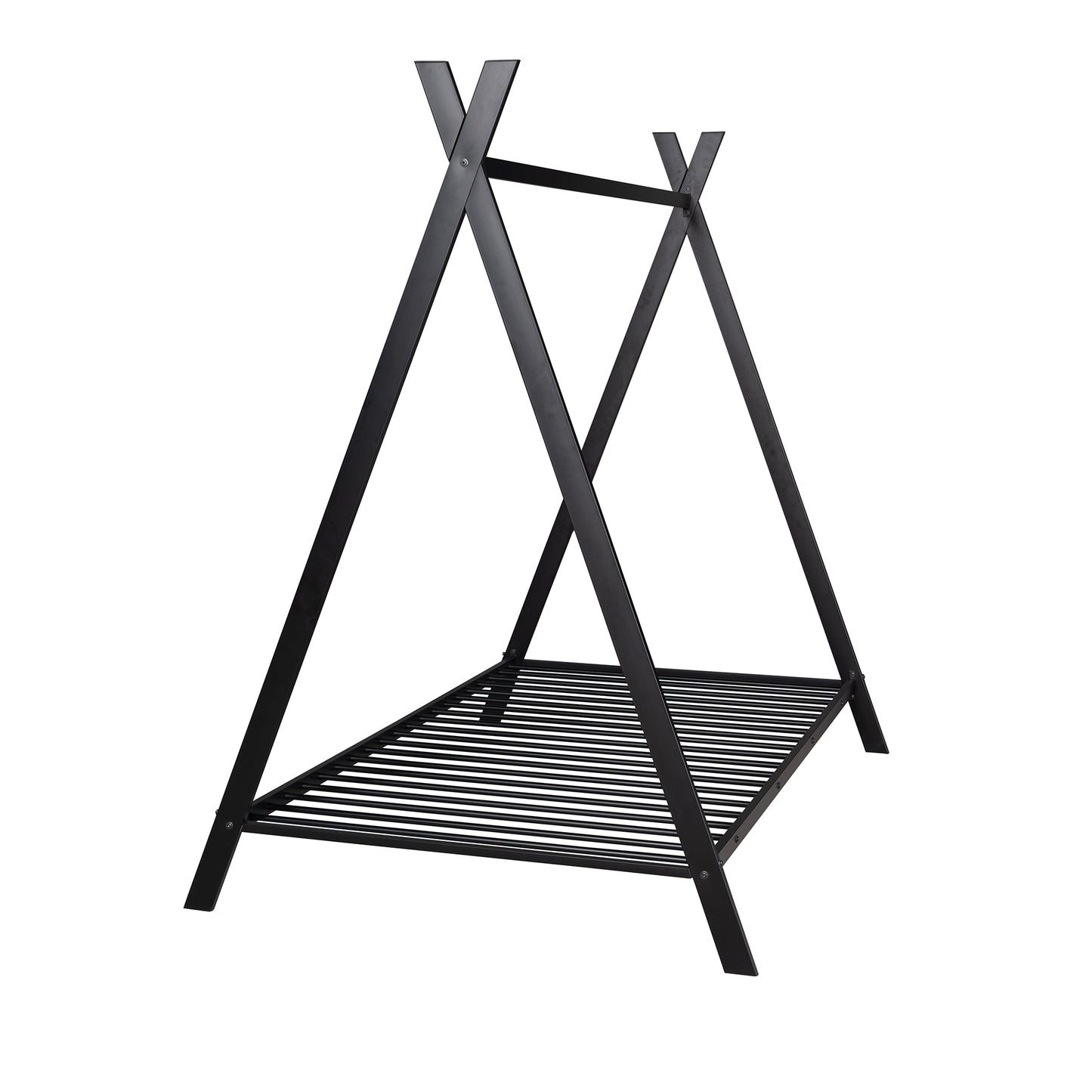 Black metal Aframe tent bed frame with slatted base for toddlers
