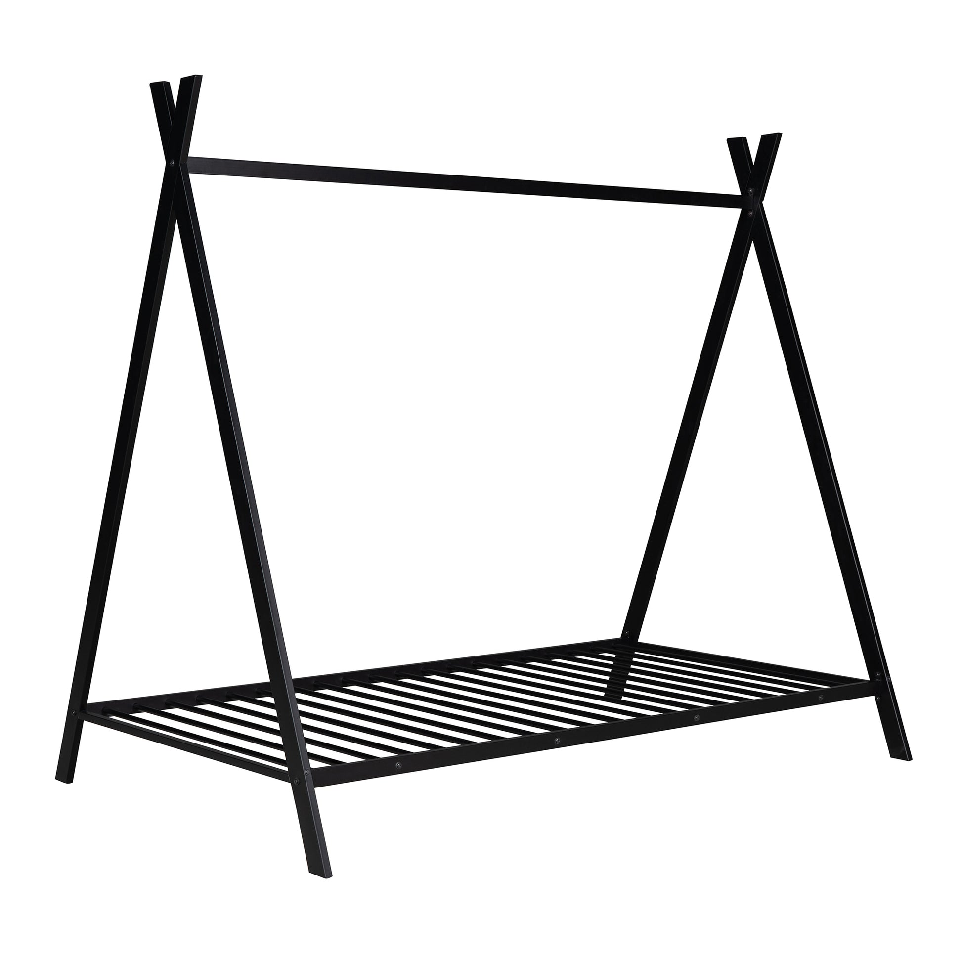 Black metal teepee bed frame with slatted base