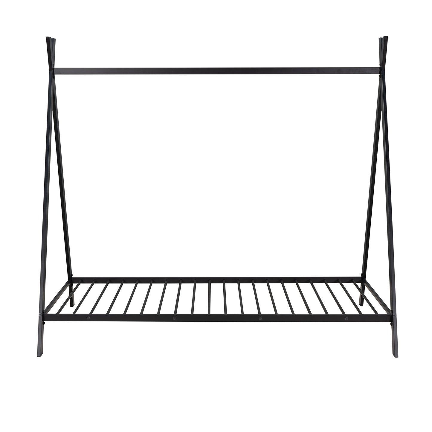 Minimalist black metal garment rack with a lower shelf