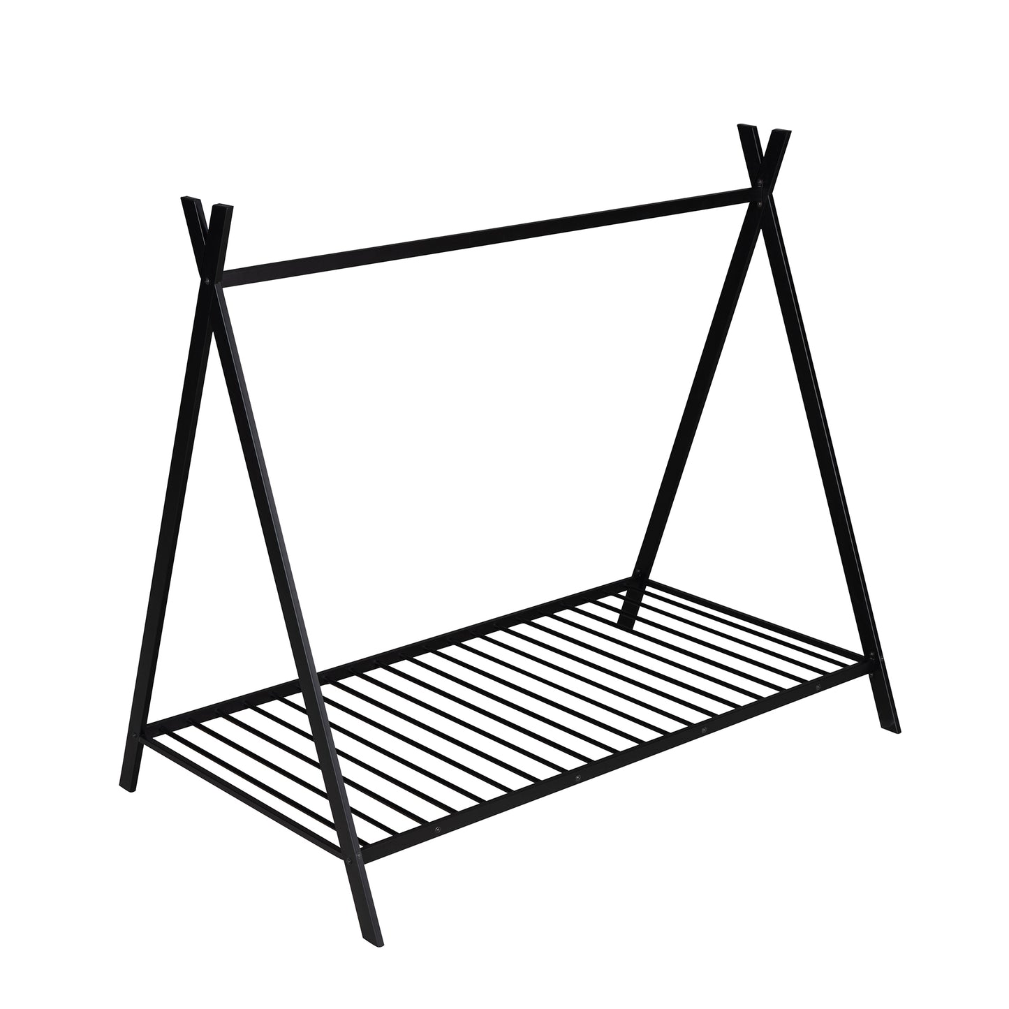 Black metal teepee bed frame with slatted base for kids