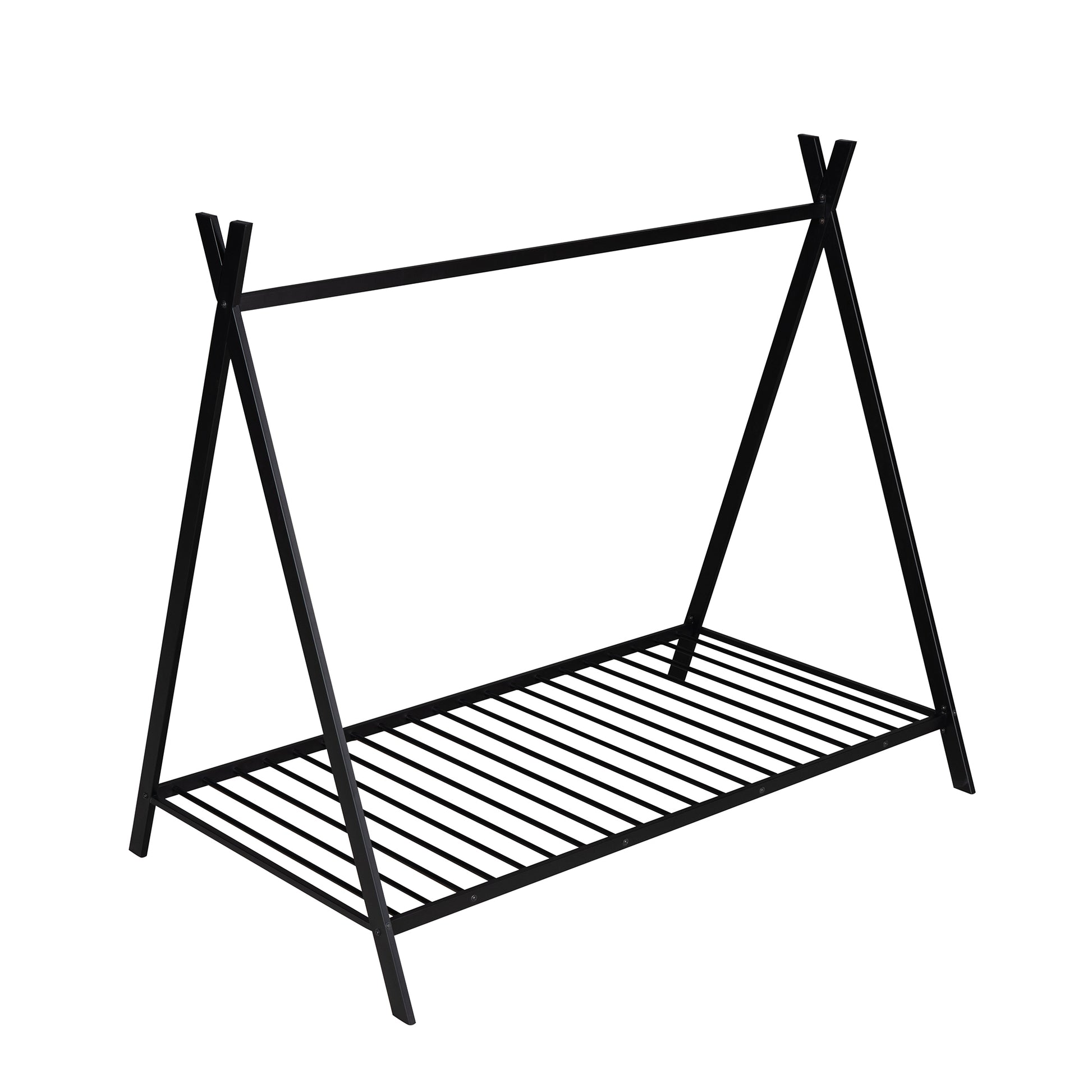 Black metal teepee bed frame with slatted base for kids