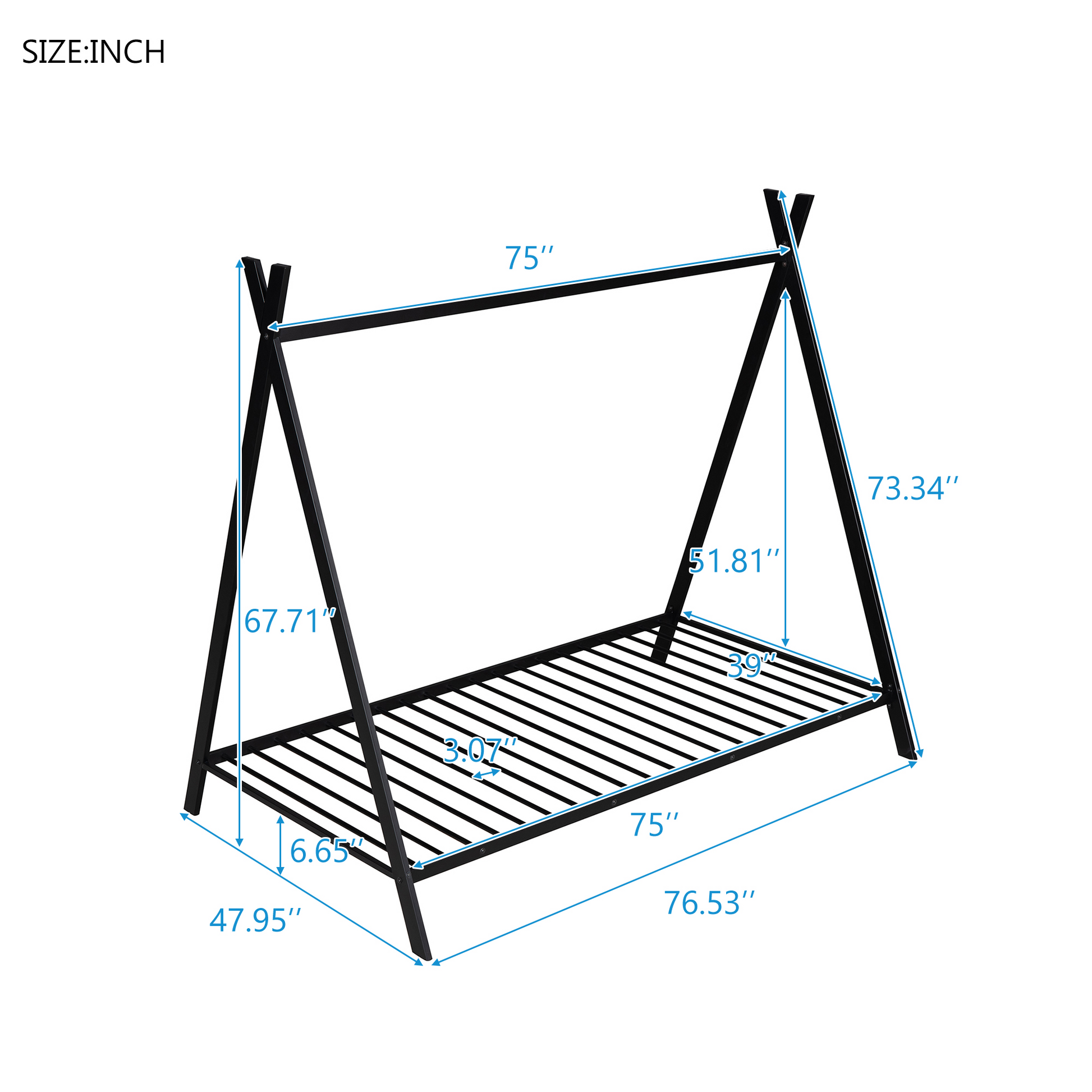 Black metal teepee bed frame with slatted base
