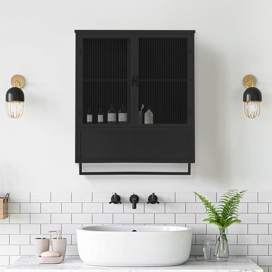 Black ribbed modern wall cabinet with glass doors and gold accents