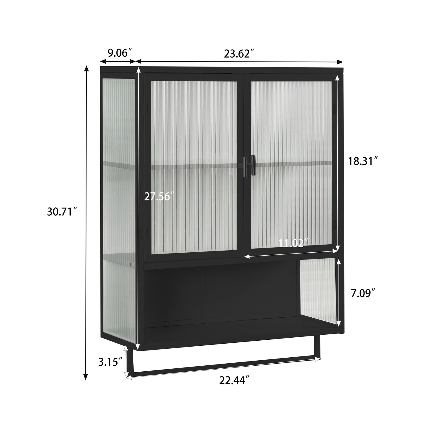Black metal wall cabinet with fluted glass doors and towel bar