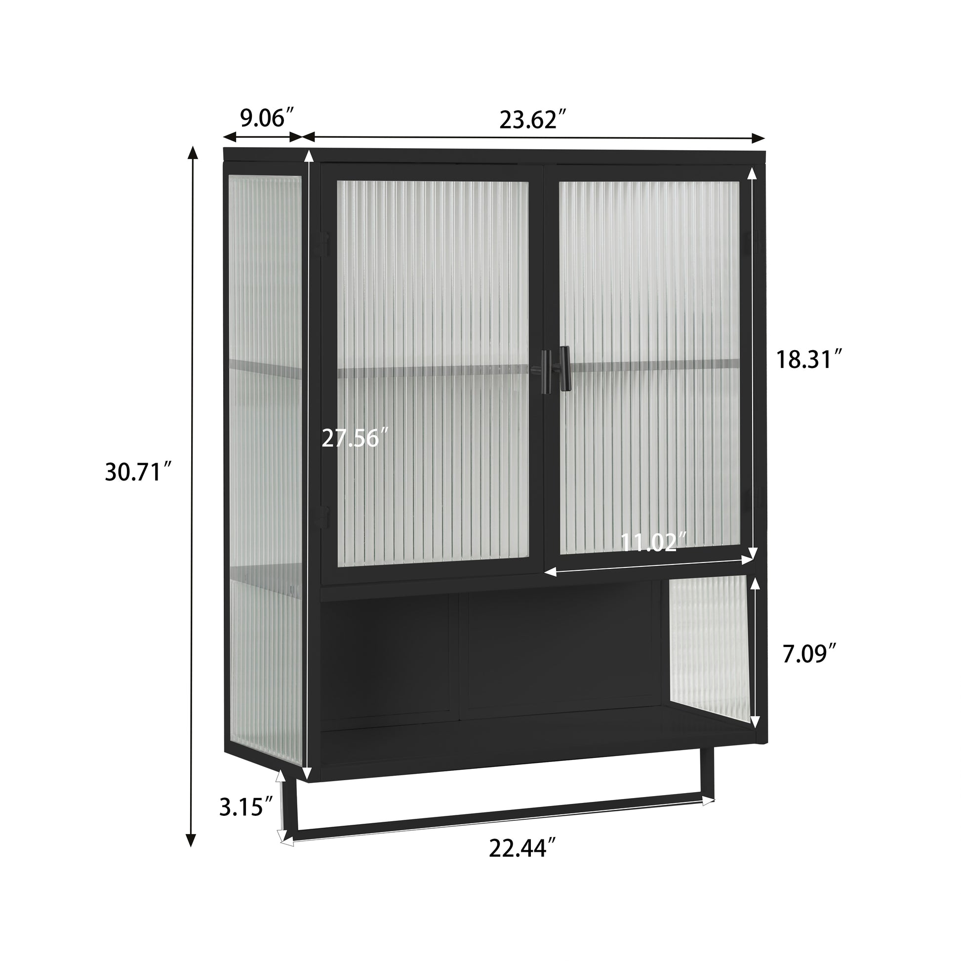 Black metal wall cabinet with fluted glass doors and towel bar