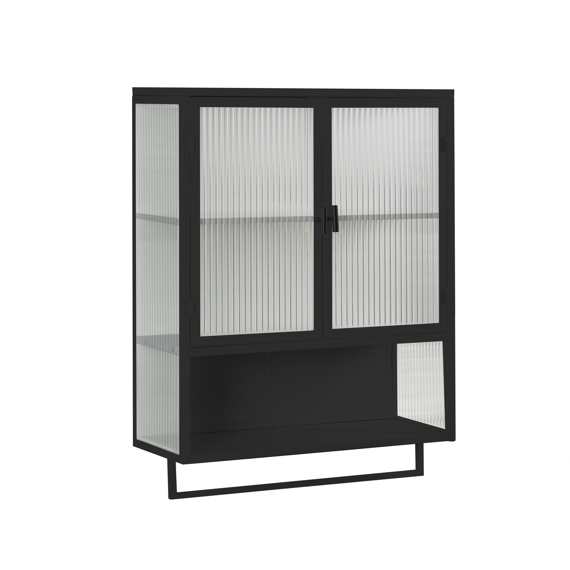 Black metal display cabinet with fluted glass doors and open shelf