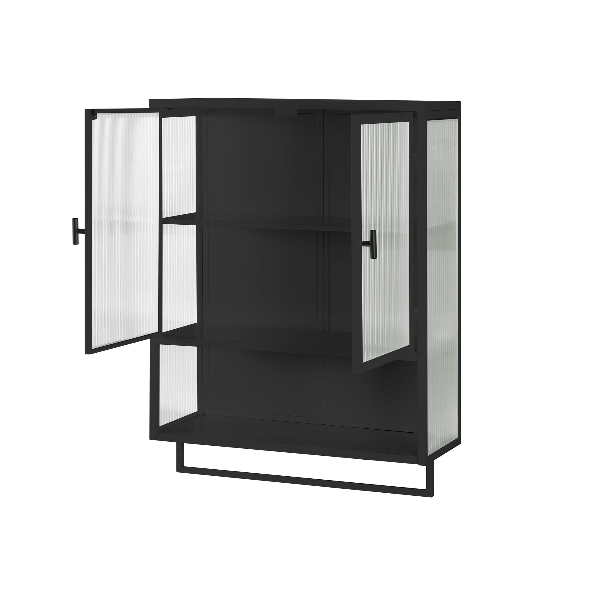 Black metal cabinet with fluted glass doors and open shelving