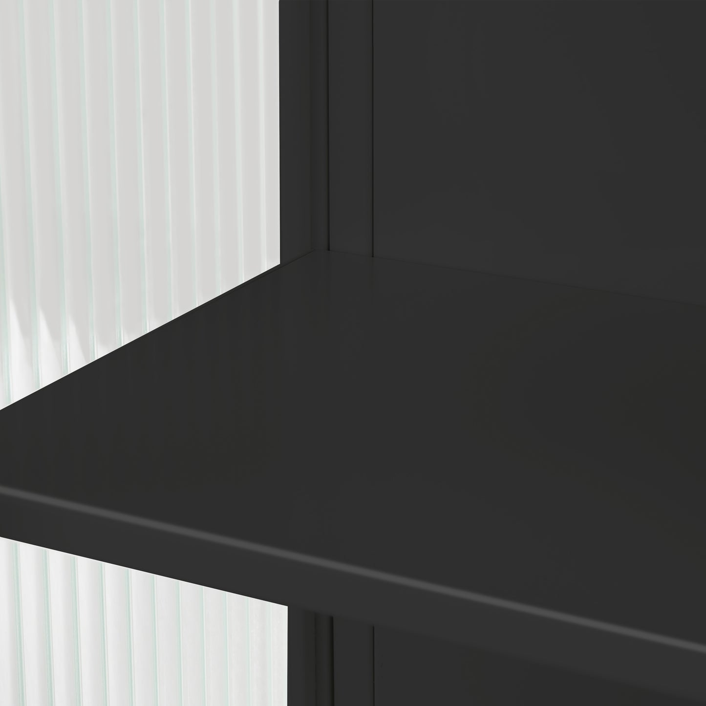 Black metal shelf with clean lines and a matte finish