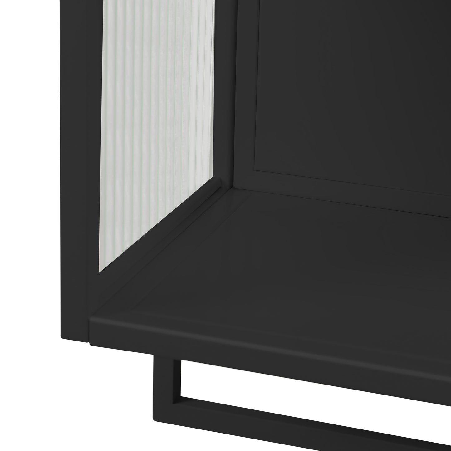 Black modern shelf with ribbed glass panel and minimalist metal frame