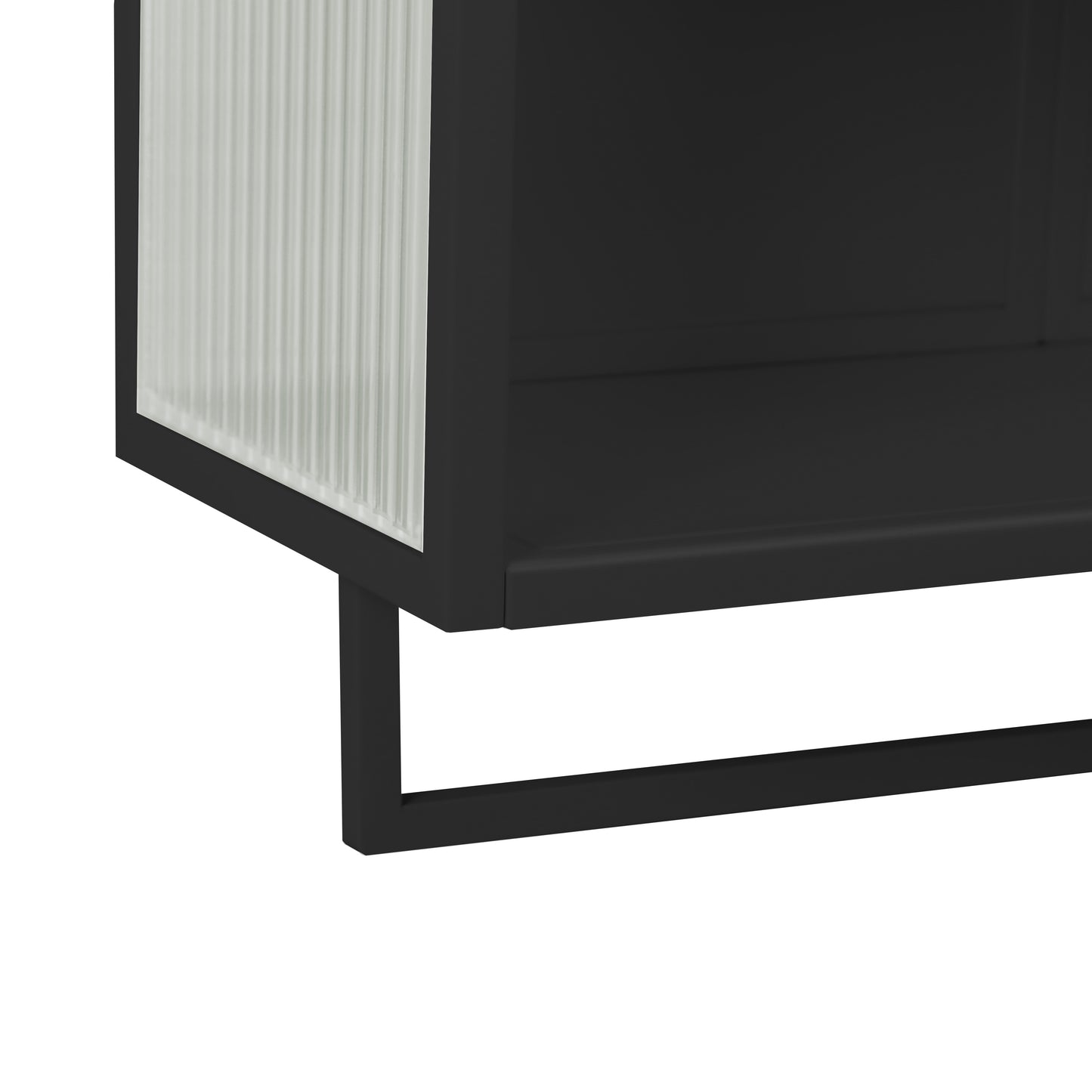 Black metal side table with fluted glass panel