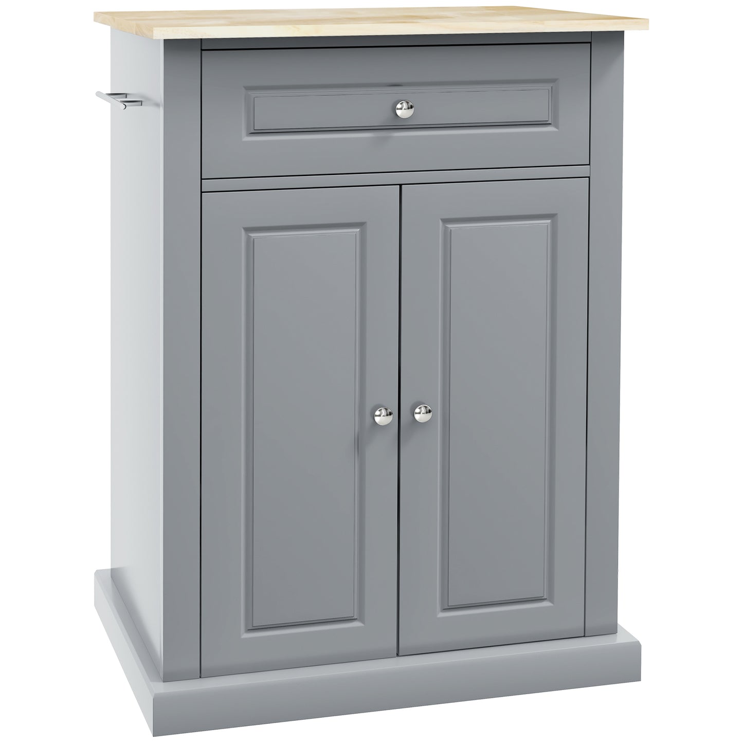 Gray kitchen island with butcher block top and towel rack