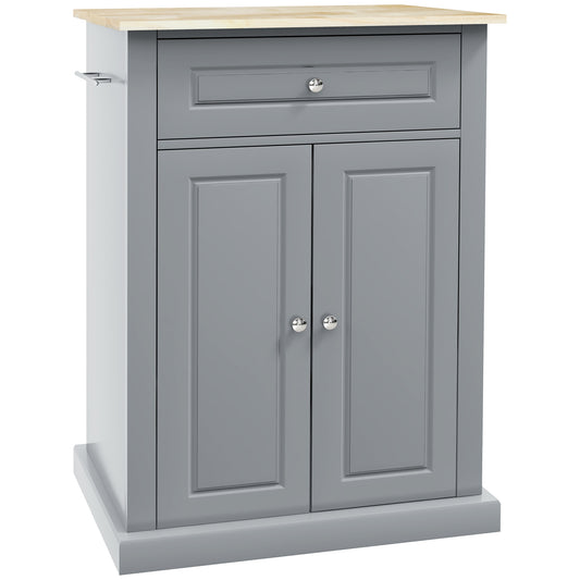 Gray kitchen island with butcher block top and towel rack