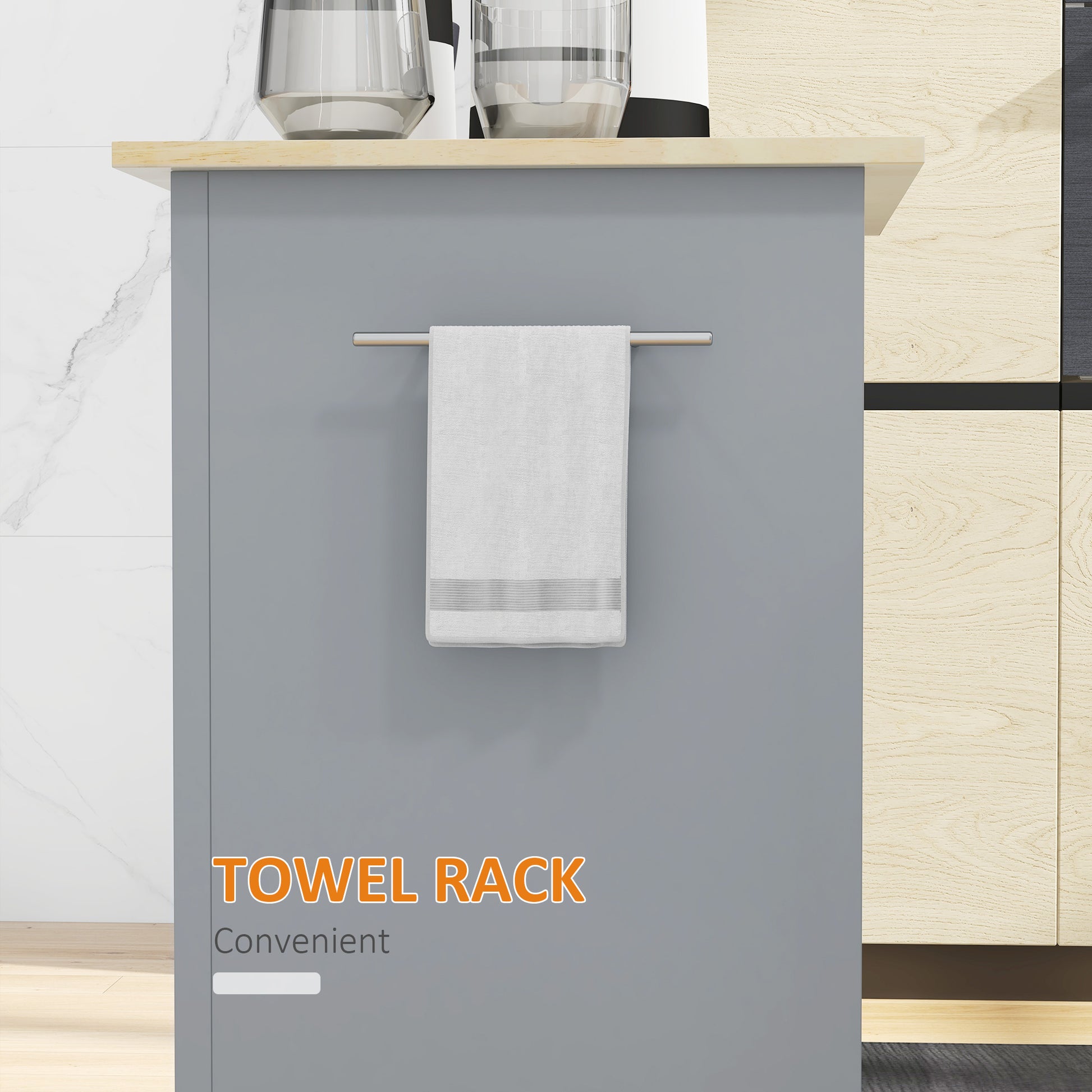 Sleek silver towel rack mounted on a gray cabinet holding a white striped towel