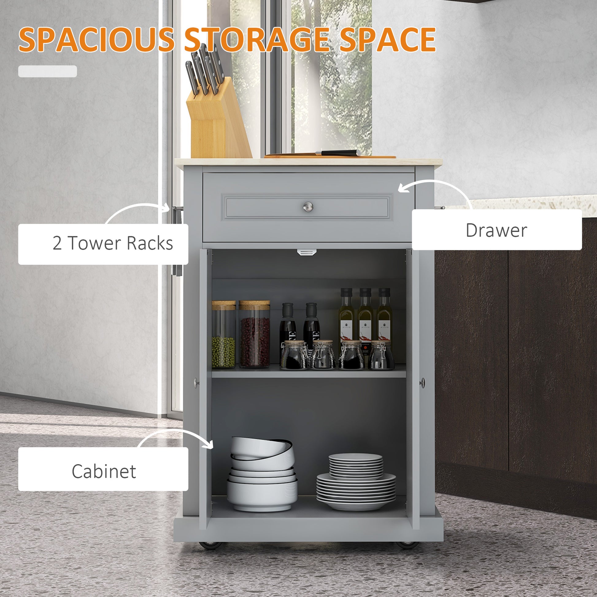 Gray kitchen island with a wood top featuring an open cabinet with shelves of jars and plates