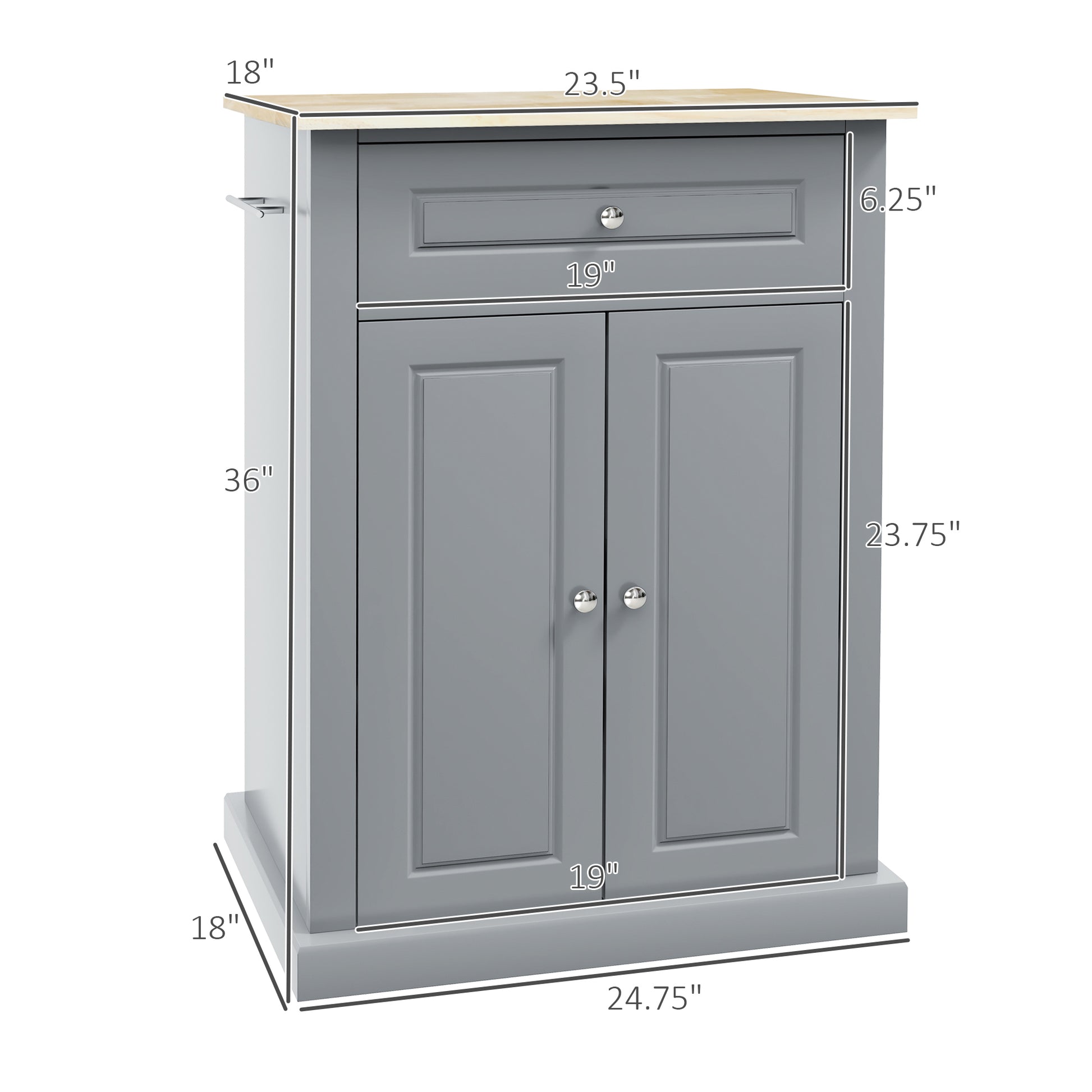 Gray kitchen island cart with natural wood top and chrome handles