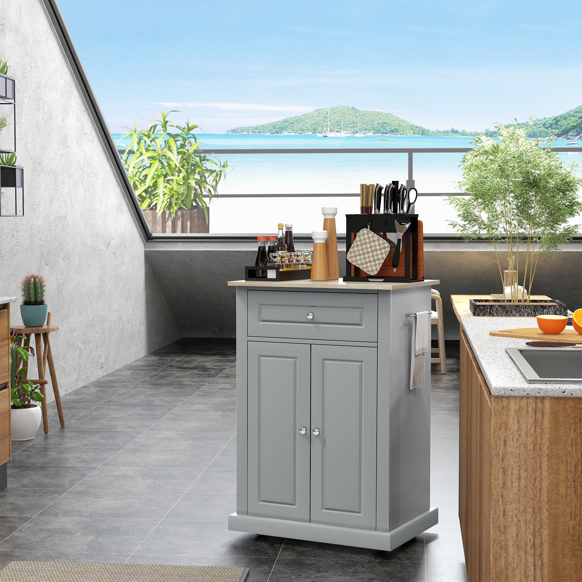 Gray kitchen island cart with towel bar and drawer