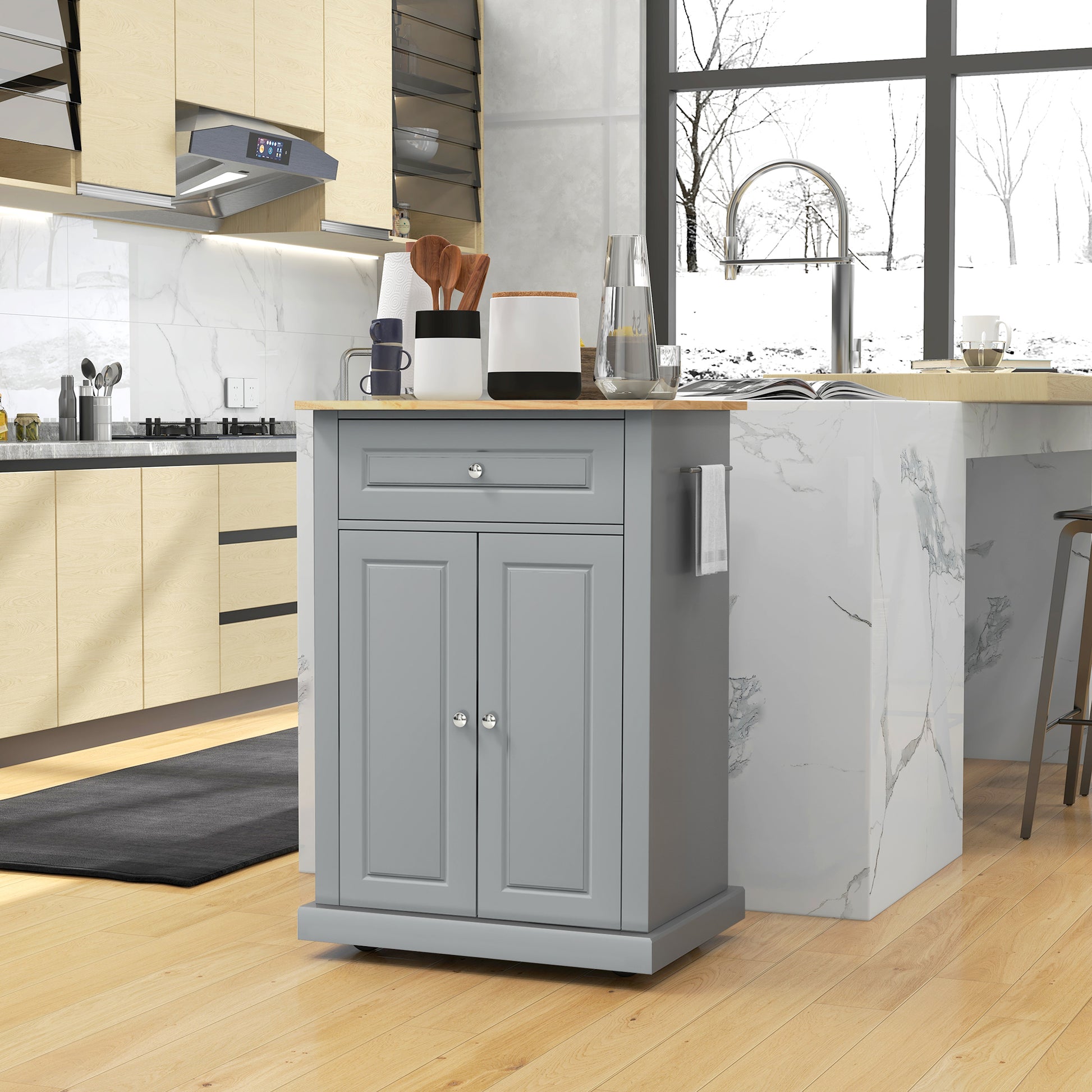 Gray kitchen island cart with wooden top and two cabinet doors