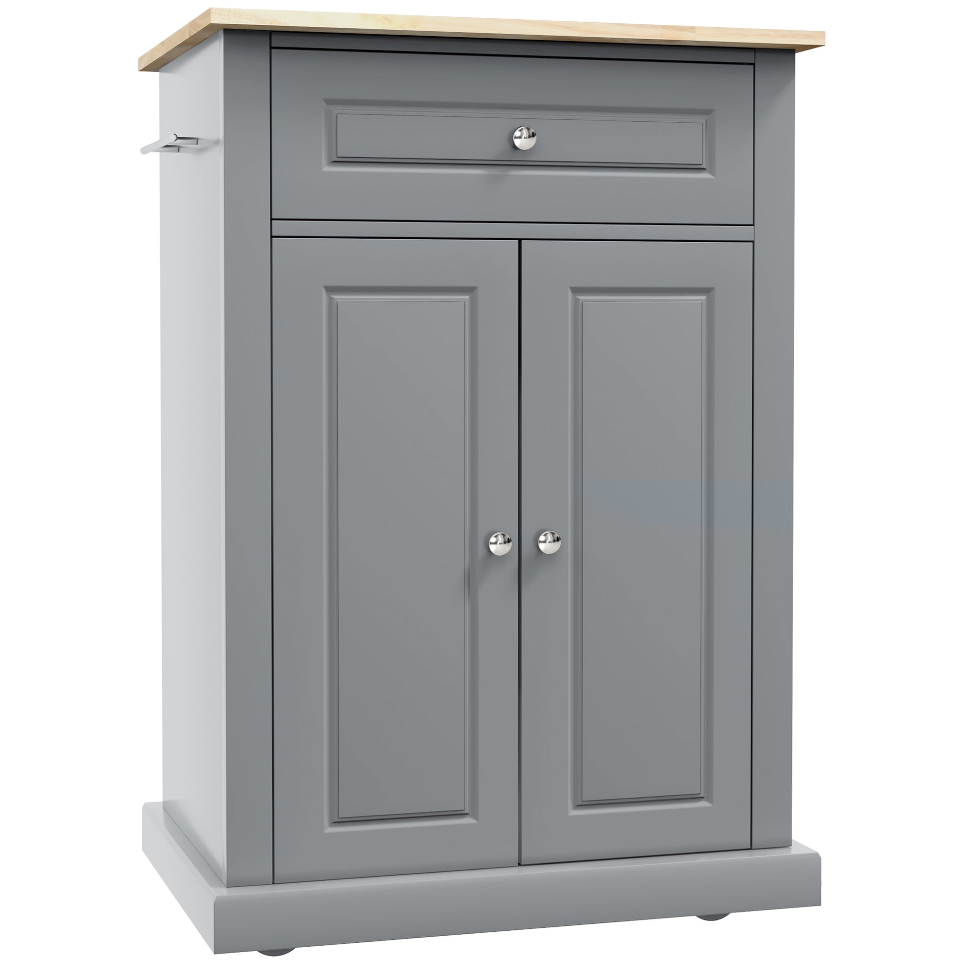 Gray kitchen island cabinet with wood top and two doors