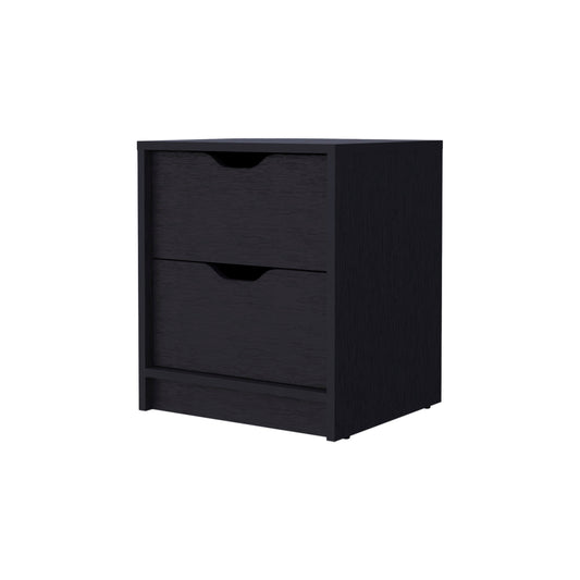 Sleek black modern nightstand with two drawers and integrated handles