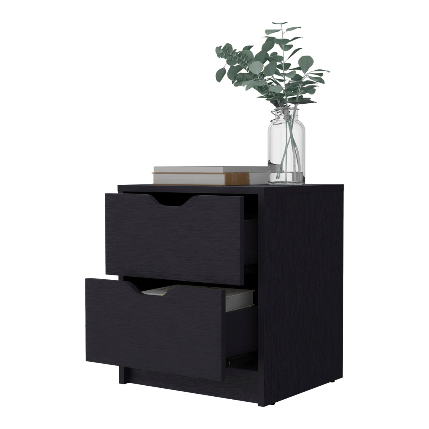 Black wooden bedside table with two drawers and decorative plants