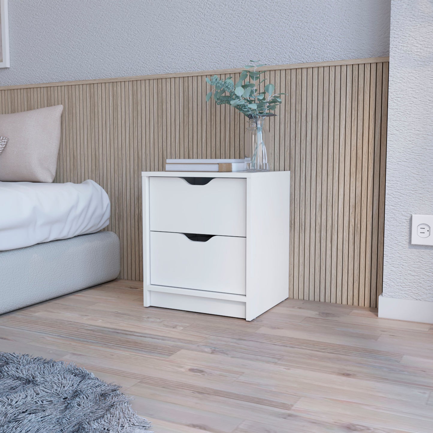 White twodrawer nightstand with modern recessed handles