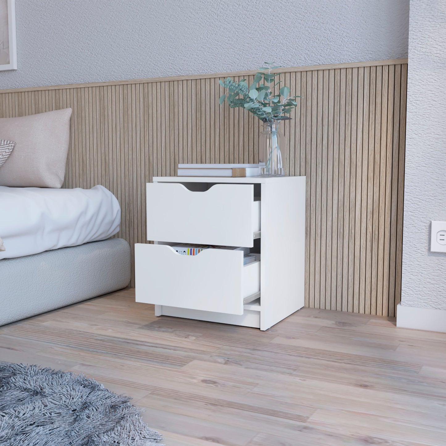 White twodrawer nightstand with cutout handles