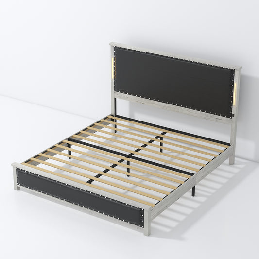 Modern upholstered bed frame with LED headboard lights in light grey wood finish