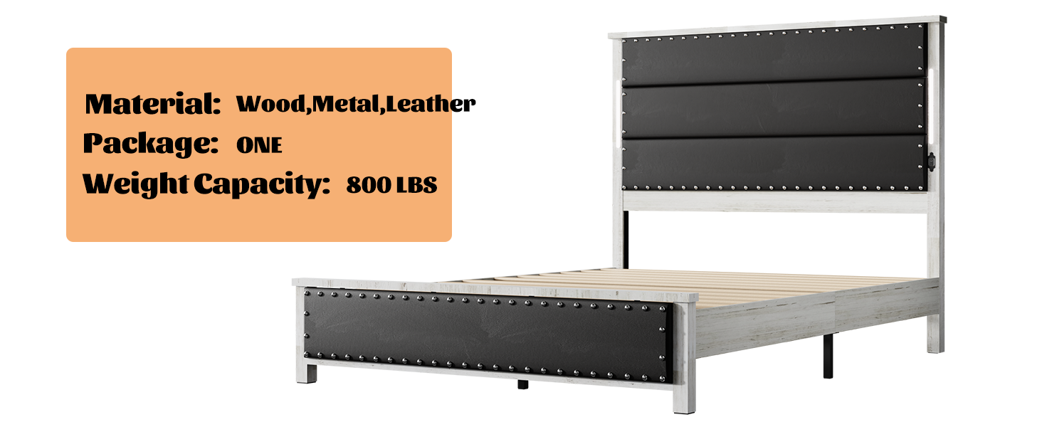 Rustic distressed wood and black leather upholstered bed frame with nailhead trim