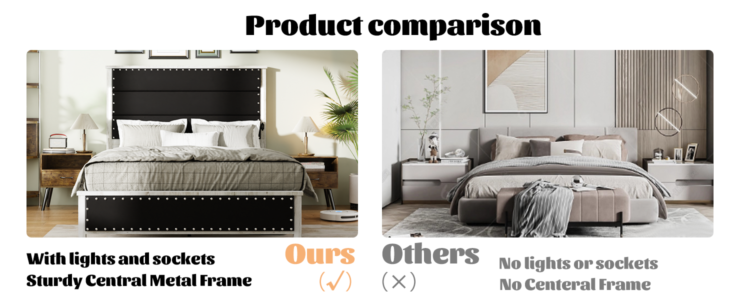 Black upholstered platform bed with silver nailhead trim and integrated nightstands