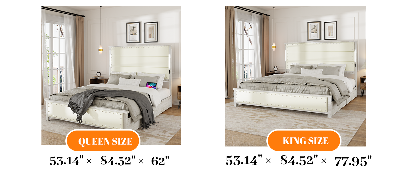 Upholstered queen size bed frame in cream with silver nailhead trim