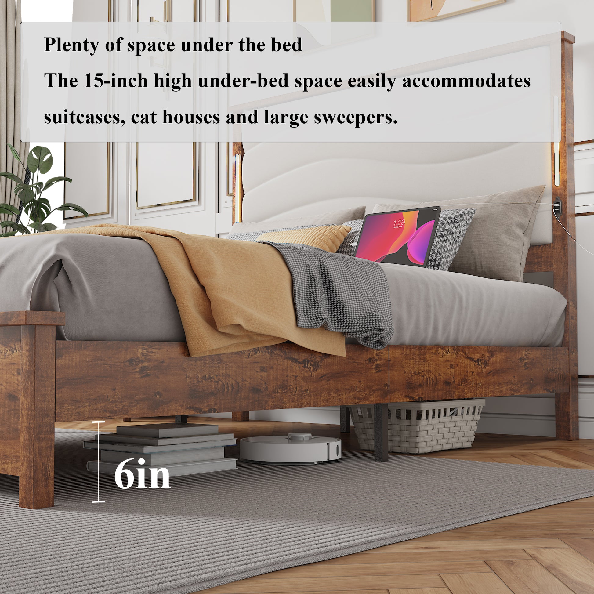 Rustic wood platform bed frame with ample underbed storage