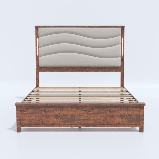 Modern wooden bed frame with upholstered wave headboard and builtin LED lights