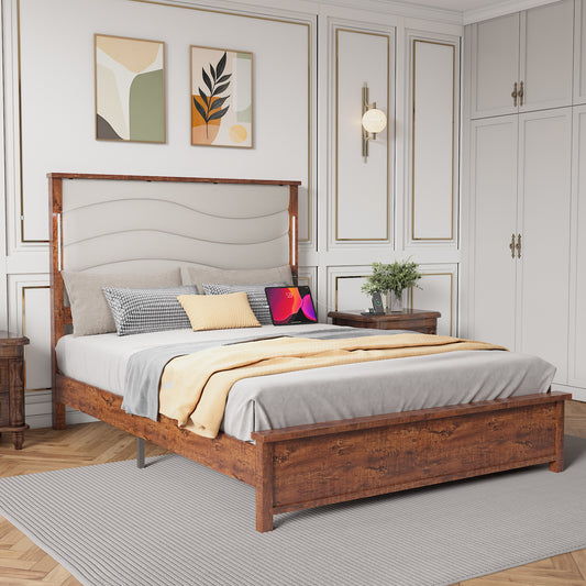 Wooden platform bed with upholstered headboard and modern styling