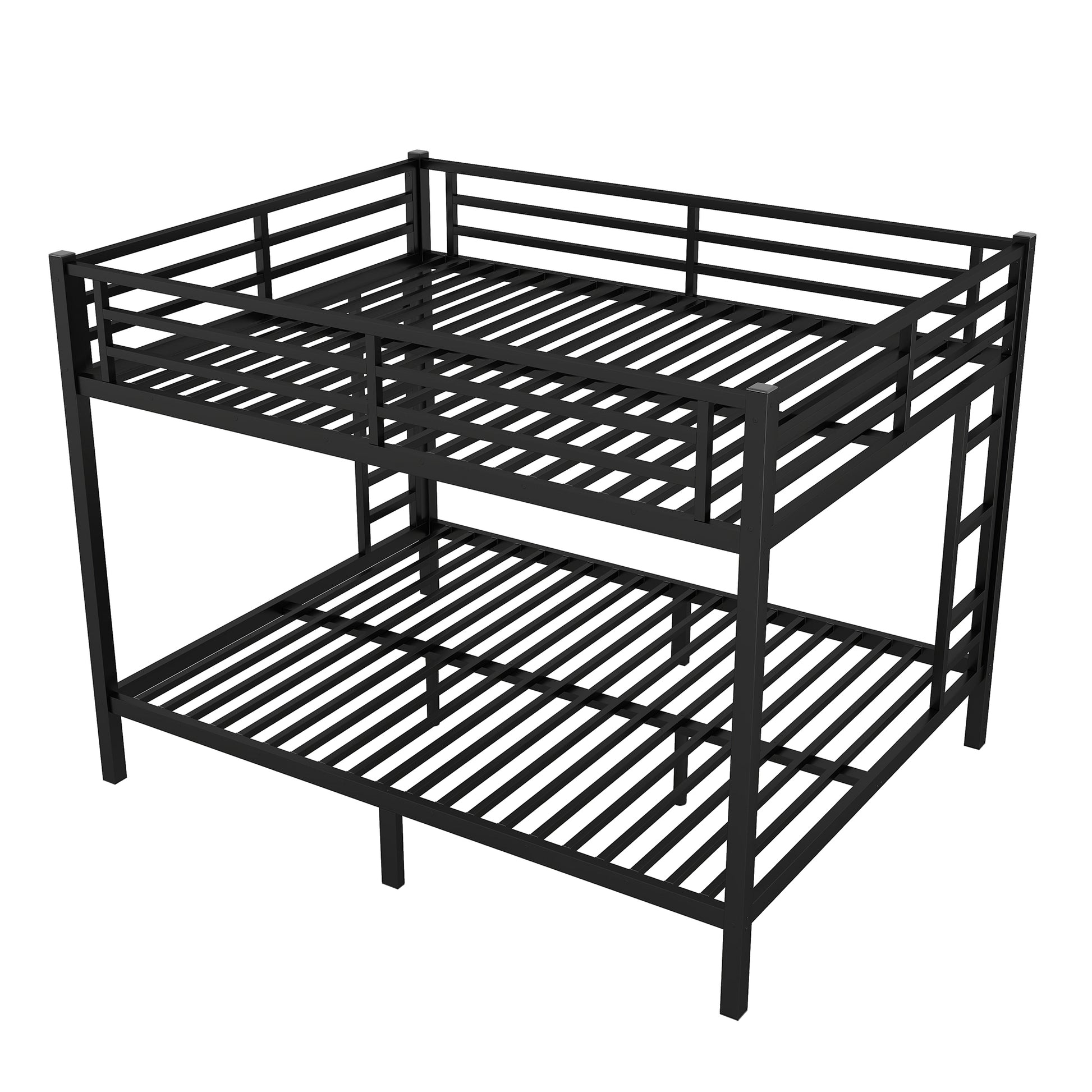 Black metal twin over twin bunk bed with slatted mattress support