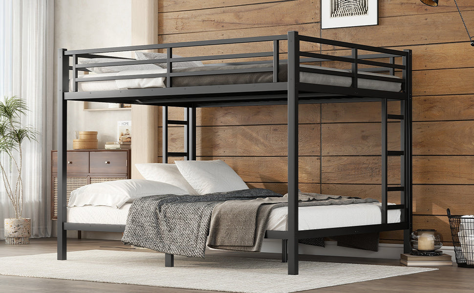 Black metal twin over twin bunk bed with ladders for kids