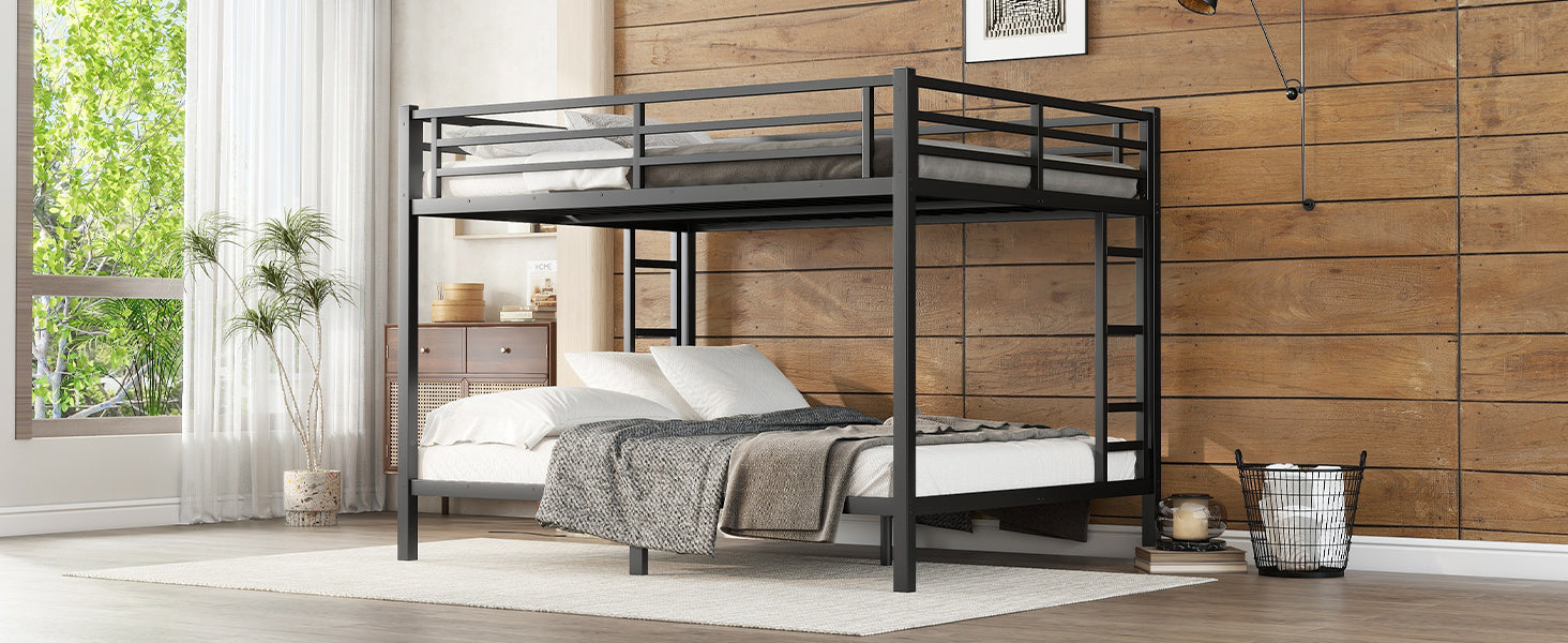Modern black metal twin over twin bunk bed with mattresses and bedding