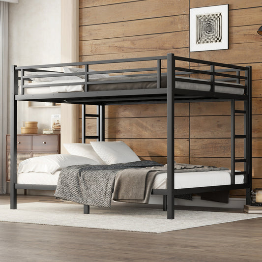 Black metal twin over twin bunk bed with white bedding and grey blankets