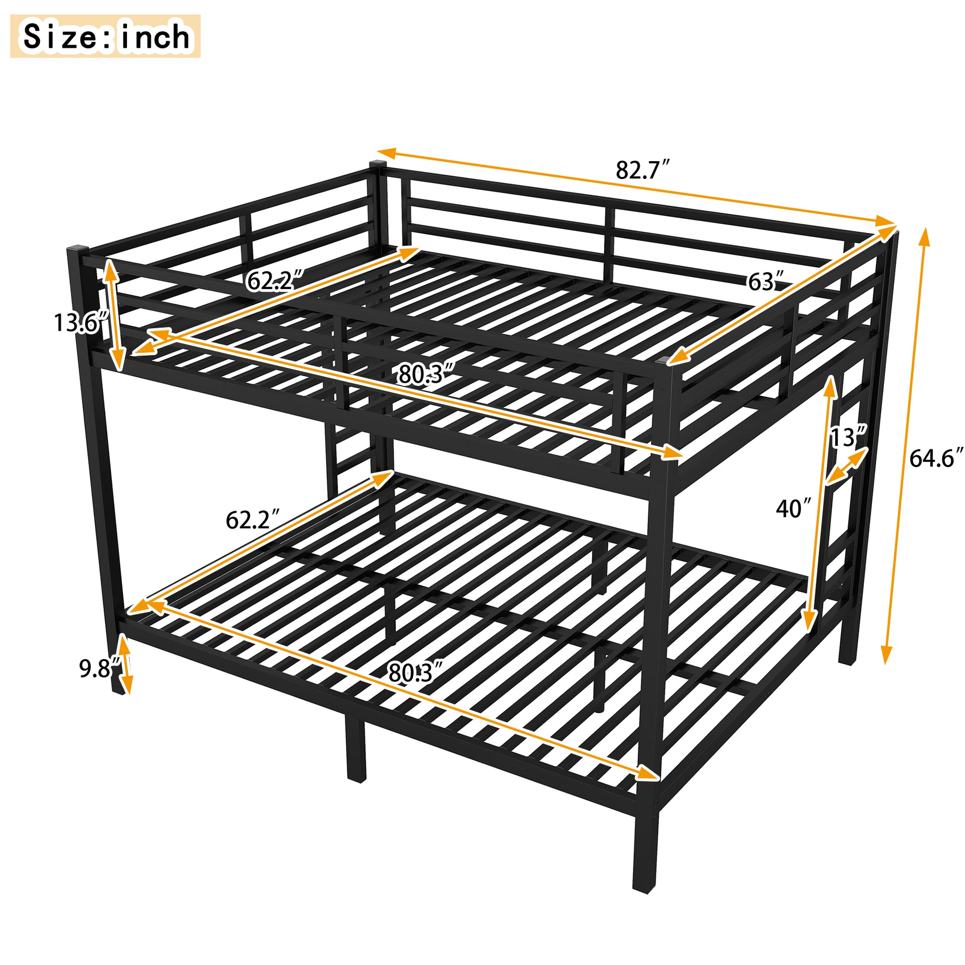 Black metal twin over twin bunk bed with dimensions shown
