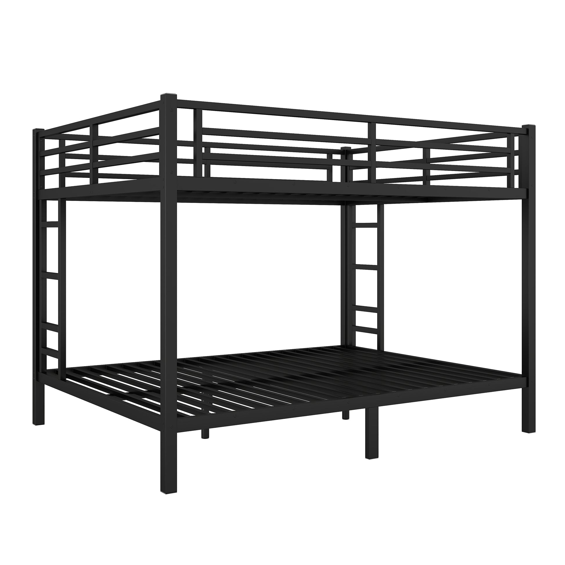 Black metal twin over twin bunk bed with ladder on left