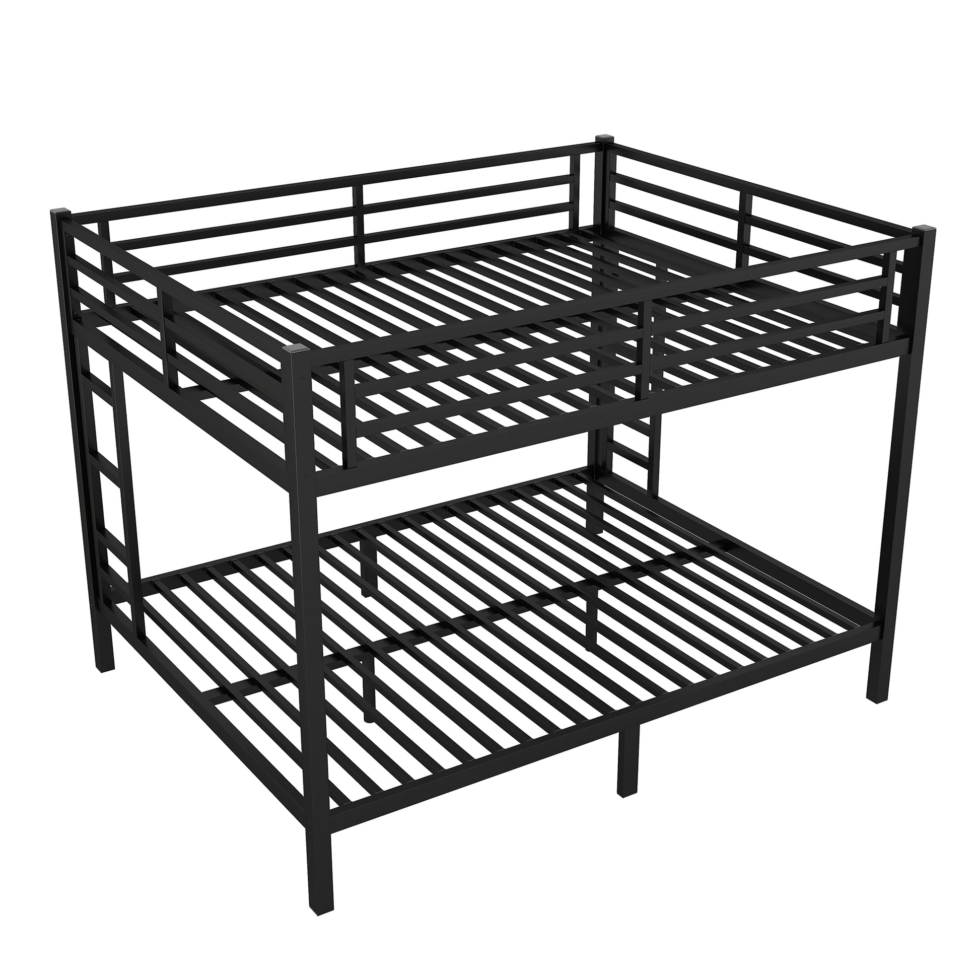 Black metal twin over twin bunk bed with slatted platform