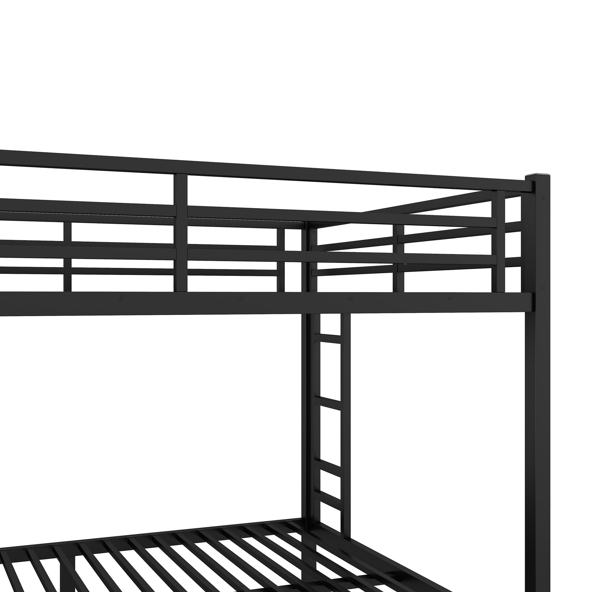 Black metal bunk bed frame with ladder and guardrail details