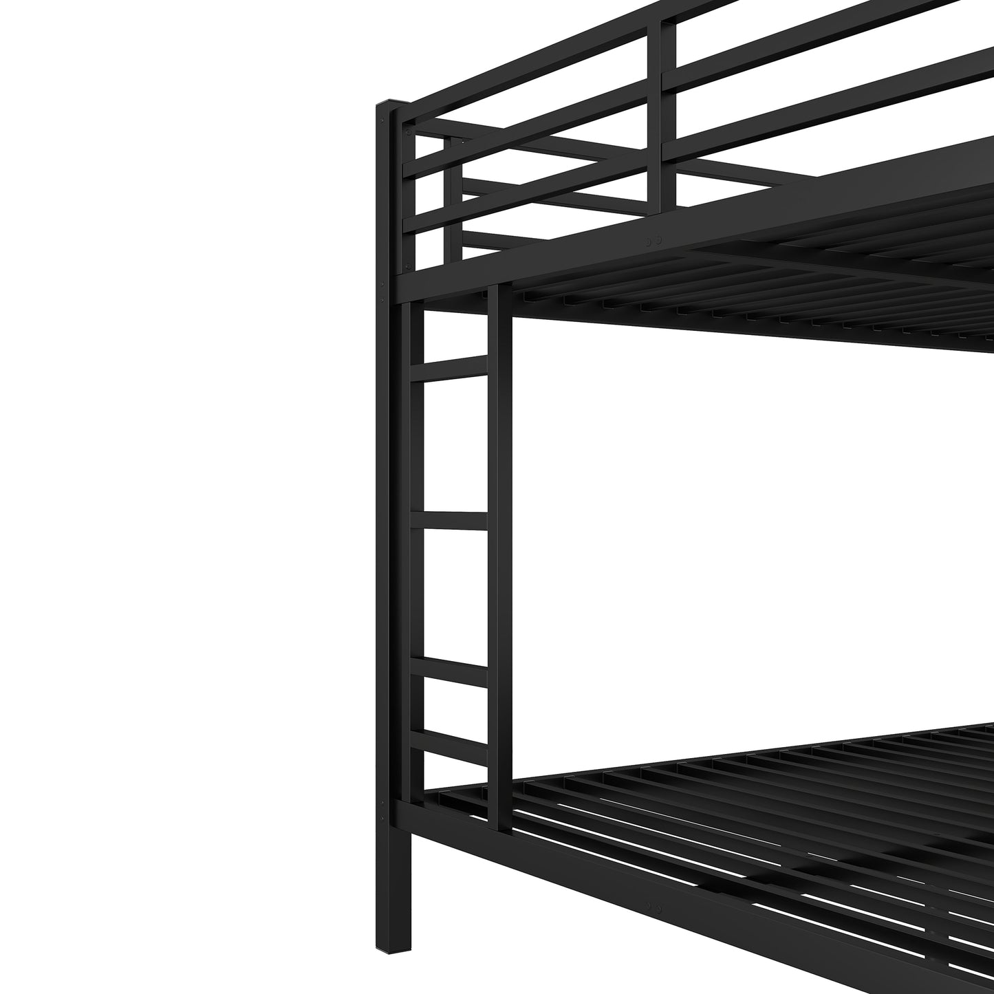Black metal twin over twin bunk bed frame with ladder detail