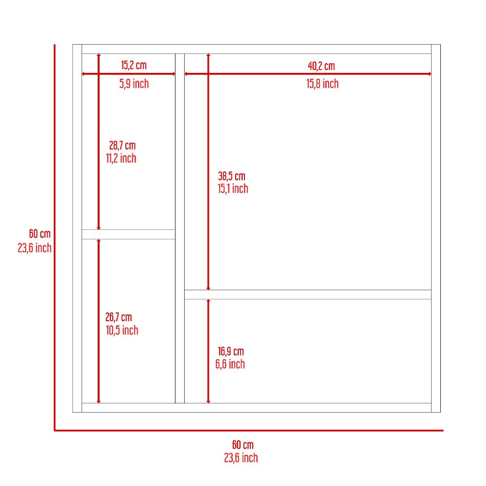 Diagram shows dimensions for a shelf unit  cm height  cm width with compartments measuring cm cm and cm