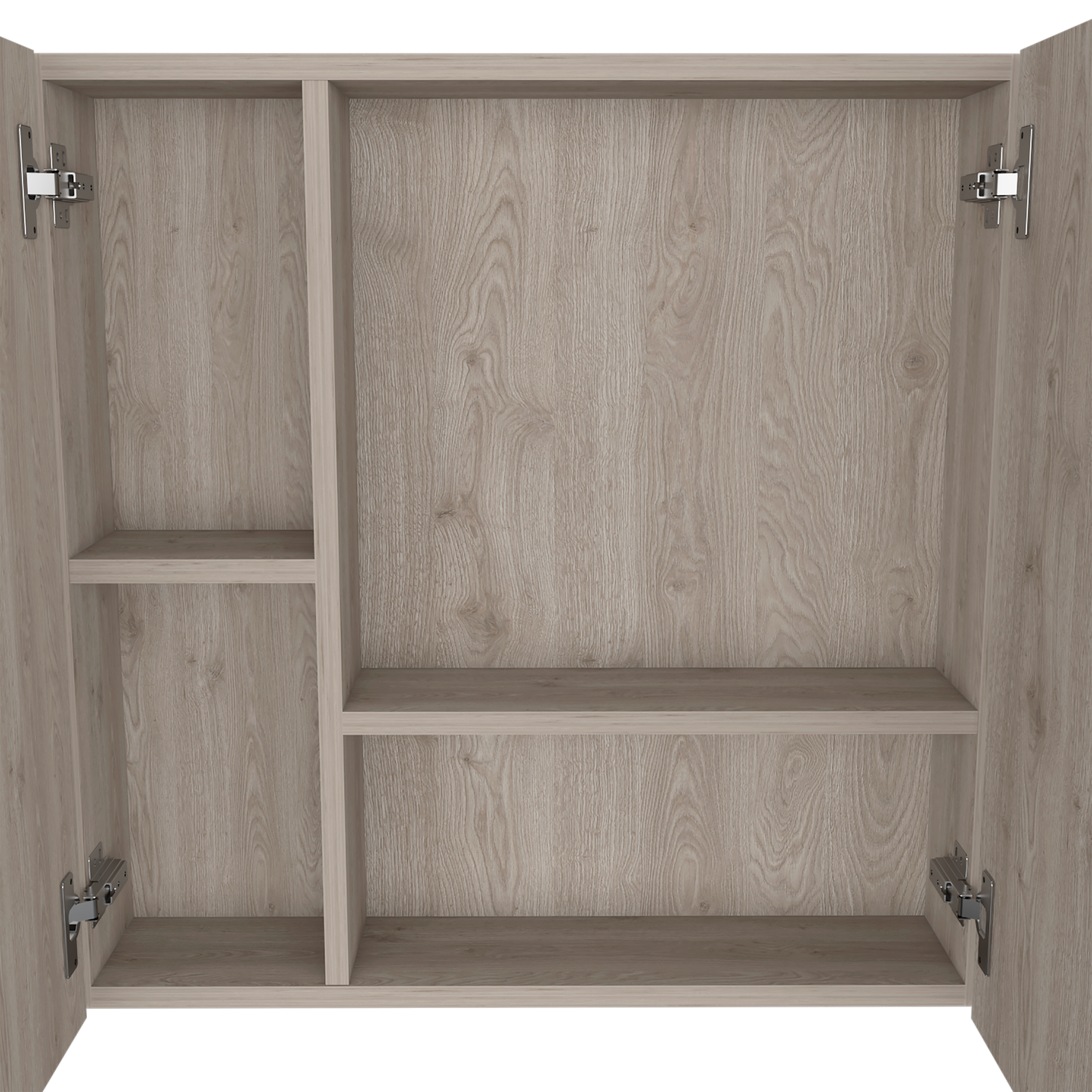 Light wood grain interior cabinet with adjustable shelves and chrome hinges